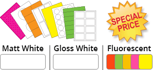 Special Price Labels. Matt and gloss white, and fluorescent colours